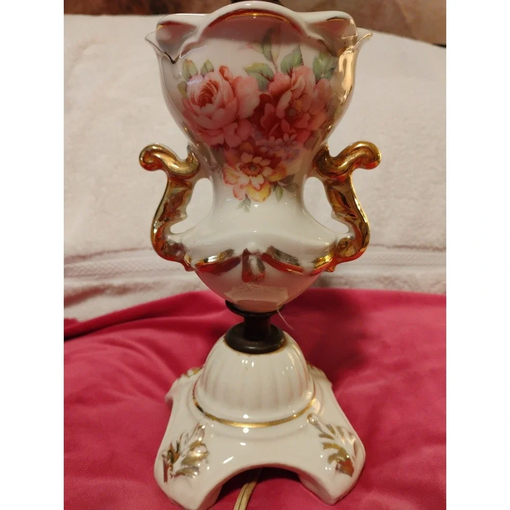 Antique Germany '15108' Porcelain Figural Table Lamp Rose Design‎ With 24K Gold